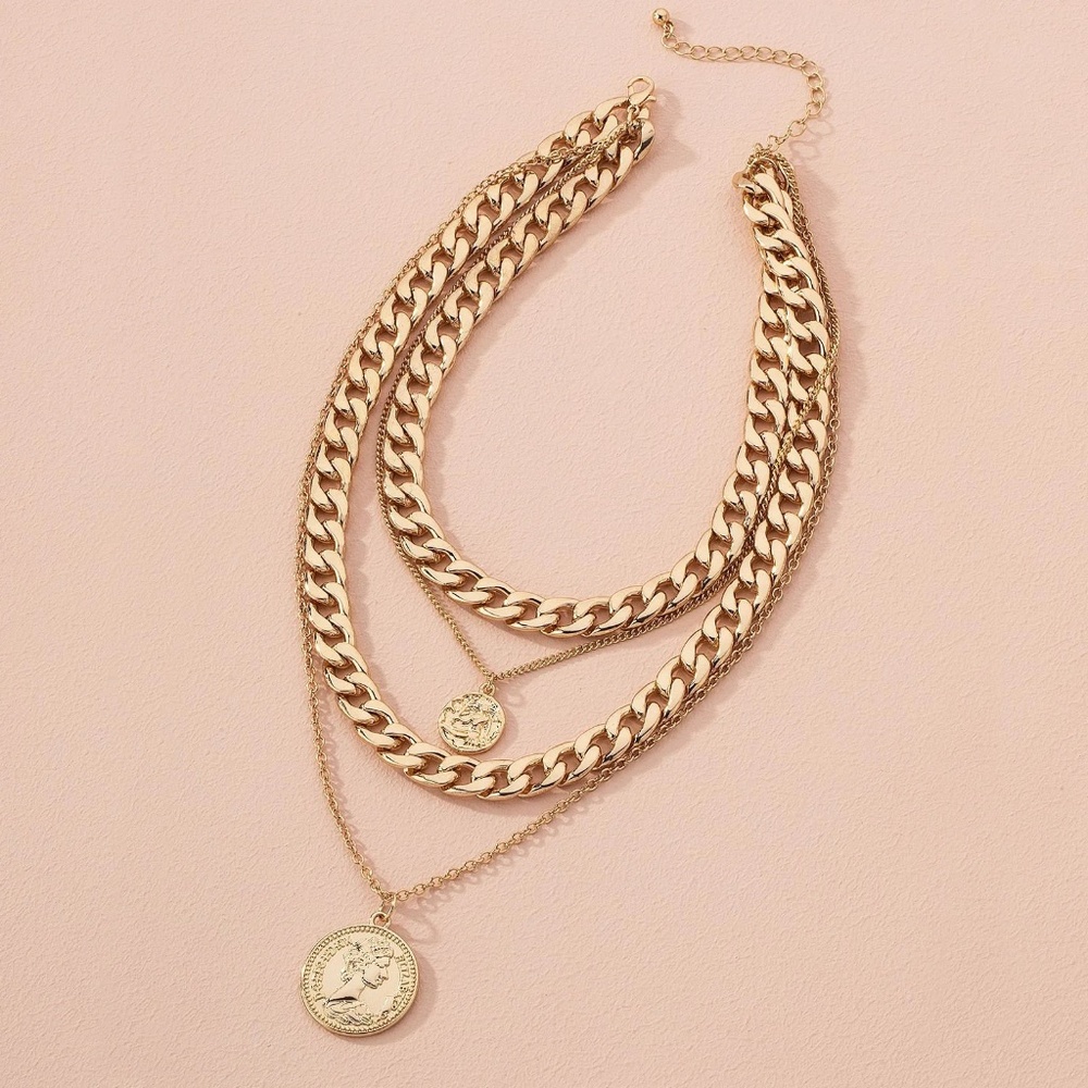 Layered Curb Coin Necklace, Gold Plated Layered Necklace Gold Plated Len